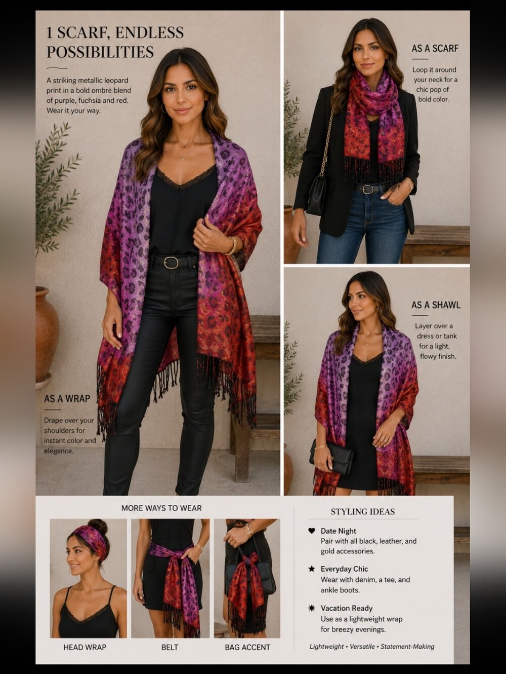 Metallic ~ Leopard Print Red & Black Gradient Fringe Scarf / Wrap~OSFM